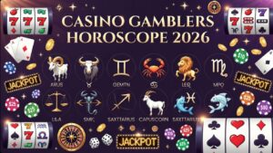Casino Gamblers Horoscope 2026 banner: golden zodiac signs, slot machines, roulette wheel, playing cards and jackpot symbols on mystical starry purple background