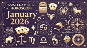 January 2026 Casino Gamblers Horoscope banner: golden zodiac signs, slot machine showing 777, roulette wheel, playing cards and casino chips on dark mystical purple starry background
