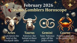 February 2026 Casino Gamblers Horoscope: Cosmic Energy for Big Wins & Smart Plays 1 February 2026 Casino Gamblers Horoscope banner: golden zodiac symbols, roulette wheel, slot machine with jackpot, playing cards, dice and casino chips on deep purple starry mystical background