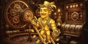 Golden steampunk casino expert character climbing ladder amid gears, roulette wheel and slot machine mechanisms – featured image for casino education guide on learning rules and strategies
