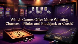 Plinko vs Crash vs Blackjack comparison banner: Plinko board with falling ball, Blackjack table with cards, and Crash multiplier graph – which casino game offers more winning chances in 2026