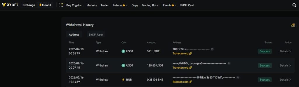 BYDFi no KYC withdrawal proof screenshot: successful USDT and BNB transfers from unverified account, transaction history visible