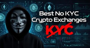 Best No KYC Crypto Exchanges 2026: BYDFi vs HTX – Full Ranking & Guide 1 Anonymous person in Guy Fawkes mask on cryptocurrency themed background with charts, Bitcoin and Ethereum symbols. Large text "Best No KYC Crypto Exchanges" and red crossed out "KYC" symbolizing no identity verification required