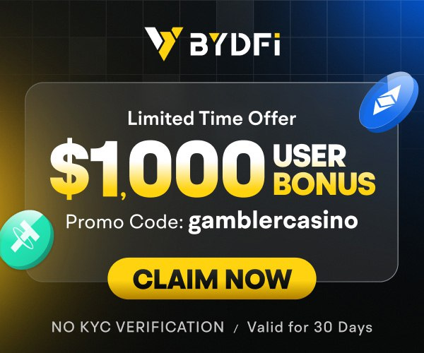 $1000 BYDFi welcome bonus banner with promo code gamblercasino, no KYC required, limited 30-day offer