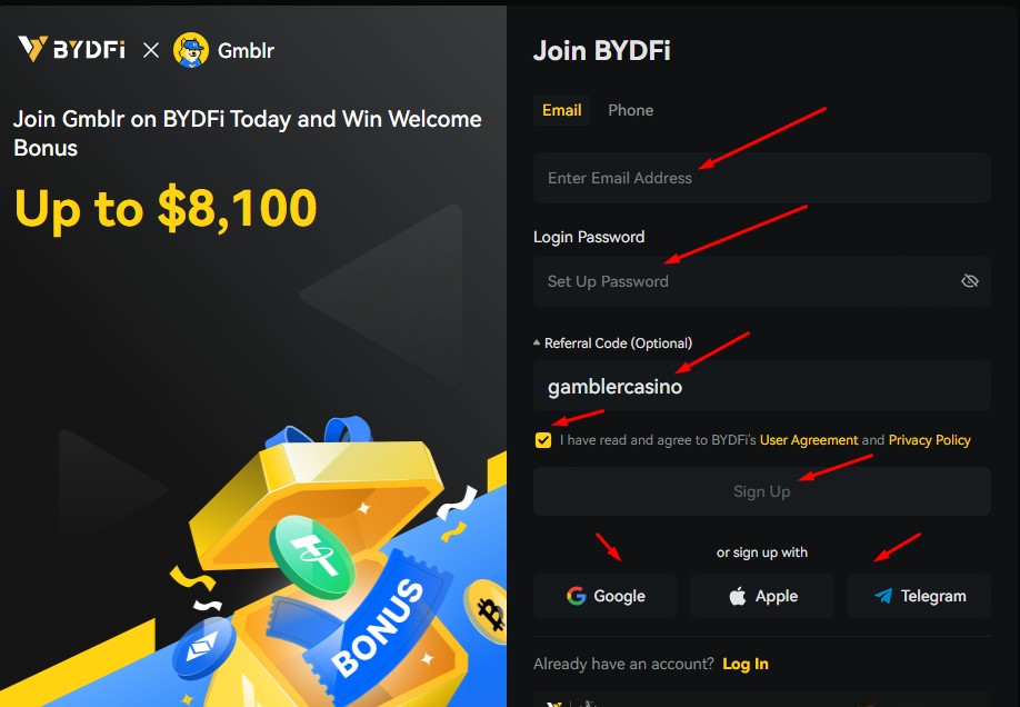BYDFi registration form screenshot: Sign up page with email or phone input, password field, referral code, and create account button