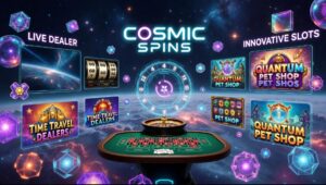Futuristic online casino banner showcasing crazy concepts: time-travel live dealers, quantum pet shop slots, cosmic galaxy background with innovative gaming elements