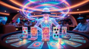 Futuristic quantum poker table in 2028 casino: holographic neural core dealer, glowing cards in superposition with psychedelic probability waves swirling around, neon cyberpunk atmosphere, entangled community cards on felt