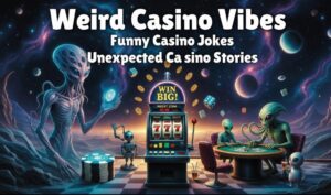 Weird Casino Vibes banner: aliens playing poker, funny casino jokes, unexpected casino stories, cosmic background