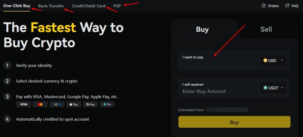 BYDFi buy crypto / deposit page screenshot showing One-Click Buy, Credit/Debit Card, Bank Transfer, and P2P options for funding account