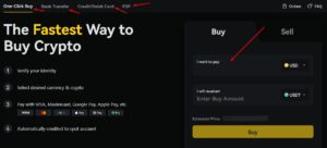 BYDFi buy crypto / deposit page screenshot showing One-Click Buy, Credit/Debit Card, Bank Transfer, and P2P options for funding account
