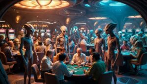 Alien High-Roller Night: When Extraterrestrials Hit the Virtual Tables 1 Humans and aliens playing poker together in Earth casino, extraterrestrials at gambling tables with people, futuristic vibe