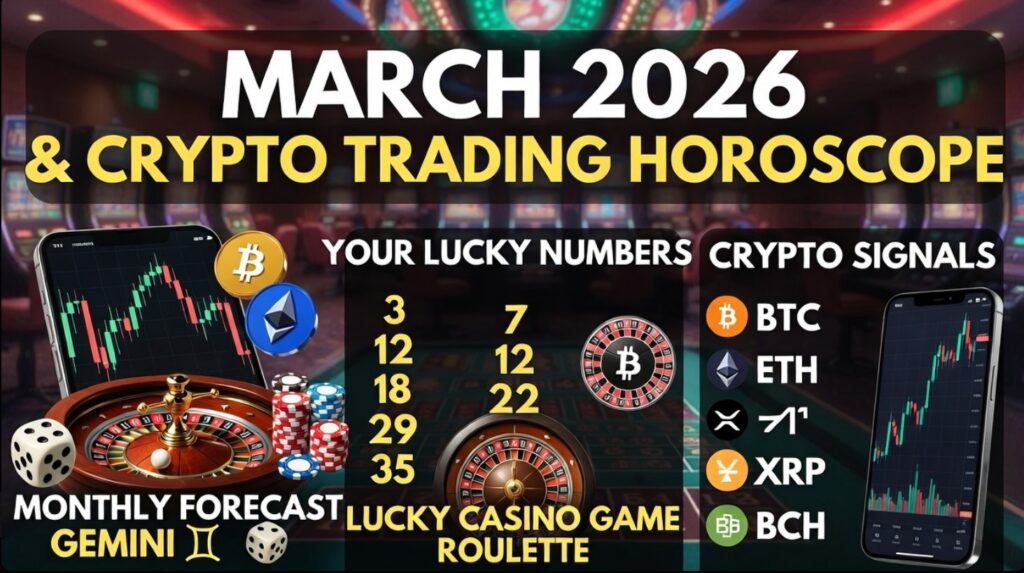 March 2026 Casino & Crypto Trading Horoscope banner: roulette wheel, slot machines, Bitcoin & Ethereum symbols, dice, playing cards, glowing jackpot on dark mystical background with golden zodiac elements