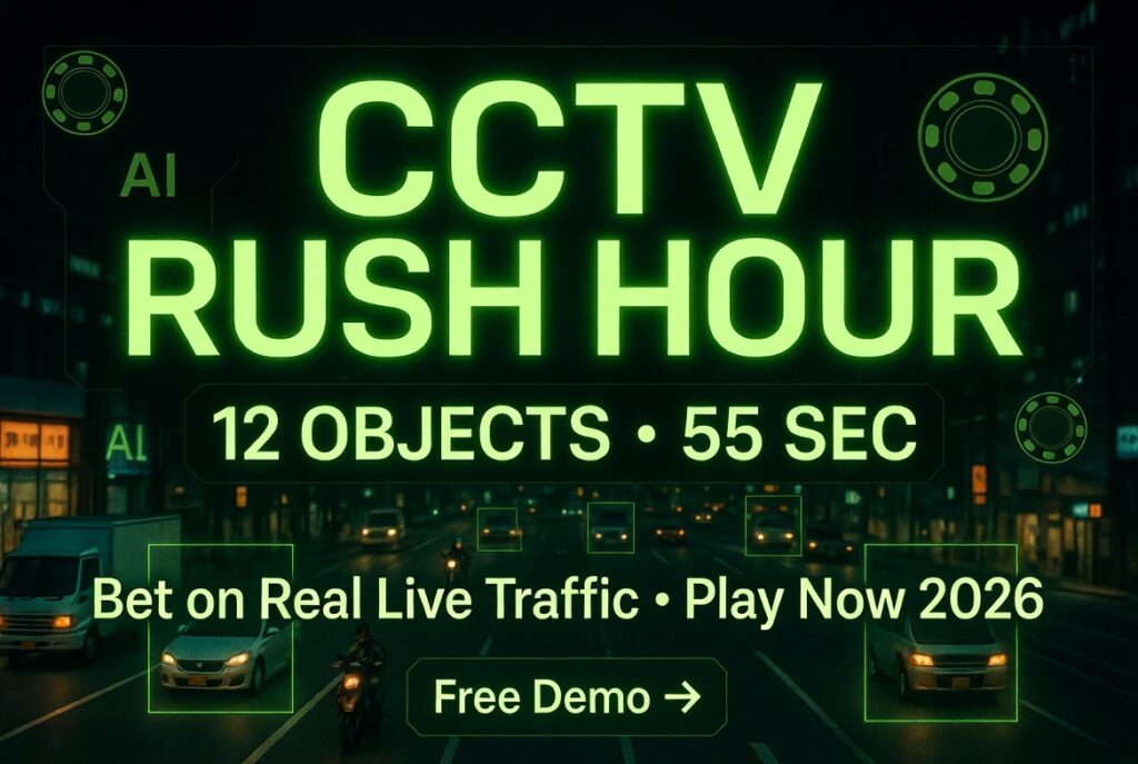 CCTV Rush Hour: Real Traffic Betting Game 2026 1 CCTV Rush Hour game banner: neon green AI counts objects on live Tokyo traffic cam, 12 in 55 sec, bet on real streets, free demo button 2026